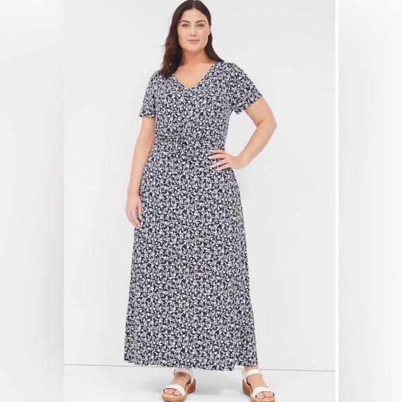 Lane Bryant Dresses & Skirts - Lane Bryant Blue & Purple Floral V Neck Waist Knot Jersey Maxi Dress Size 22/24